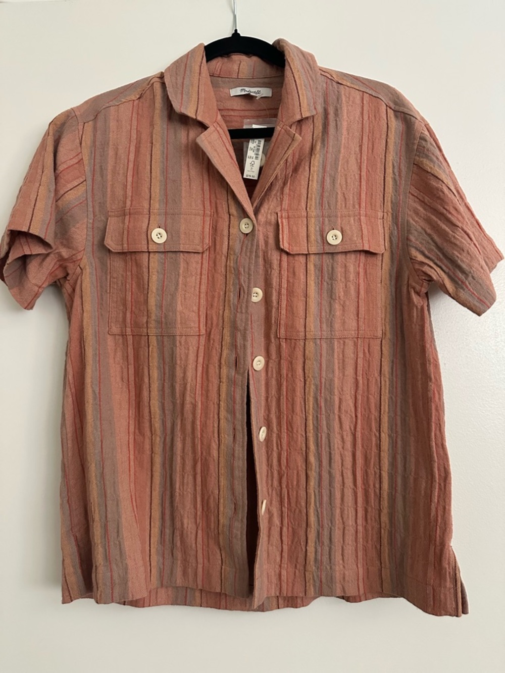 MADEWELL Striped Stretch Cotton and Linen Camp Shirt SIZE: XS